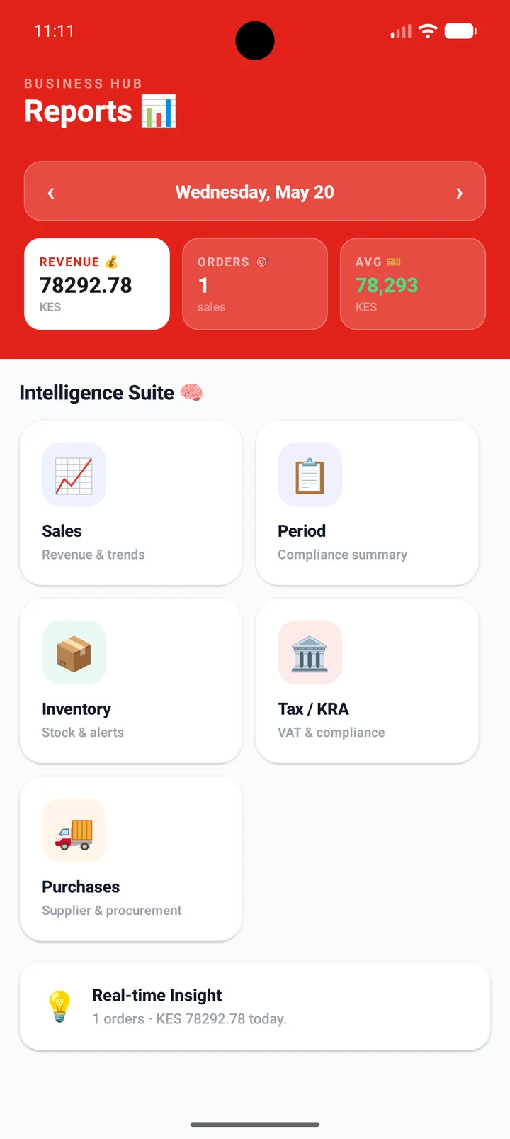 AdvaPOS mobile reports hub with sales, compliance summary and tax and KRA reports