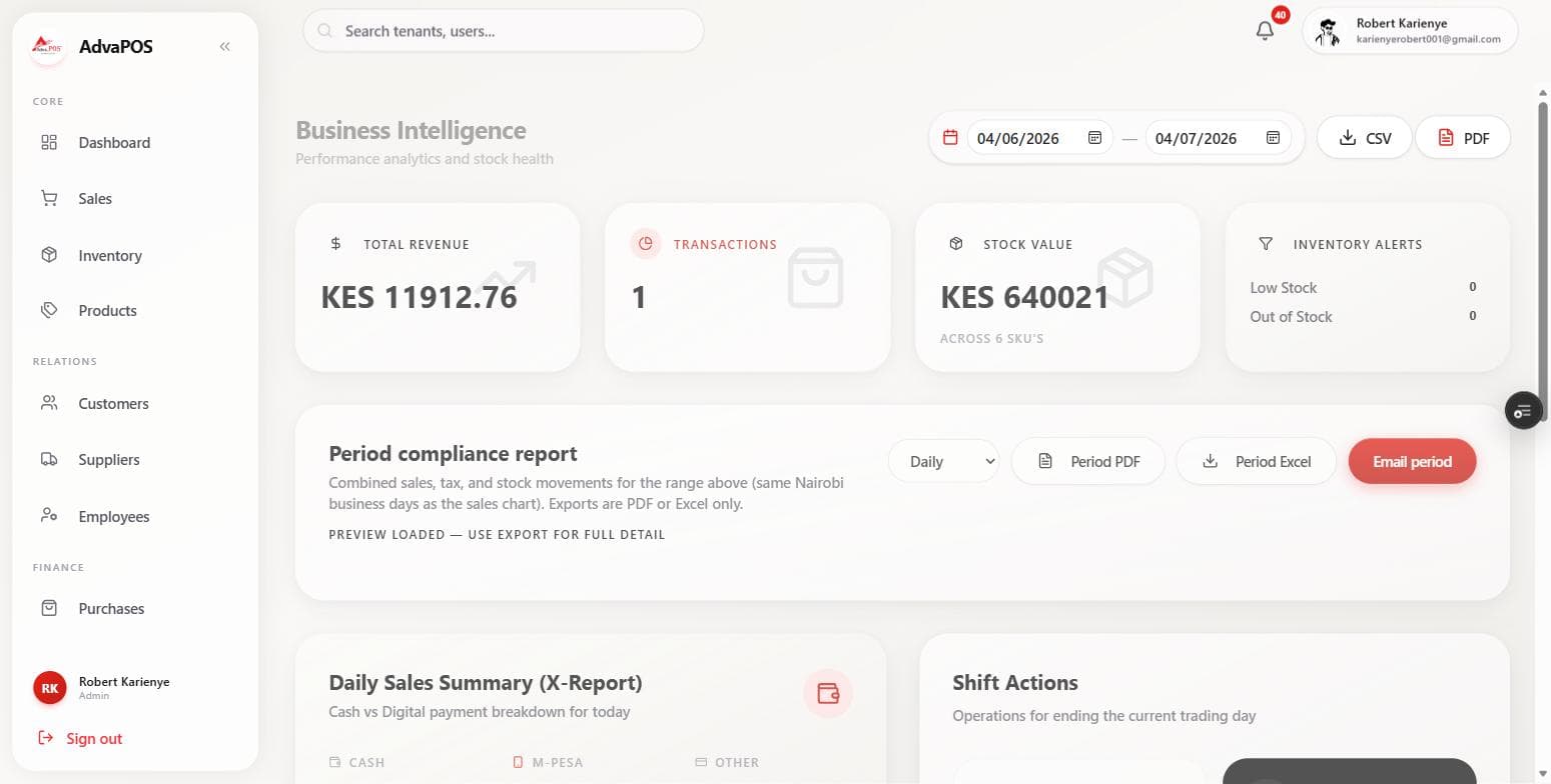 AdvaPOS New Sale screen with a product grid, customer details and order summary